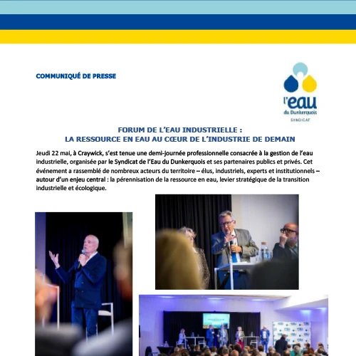 Communiqué de presse / Forum de l&rsquo;eau industrielle : la ressource en eau au cœur de l&rsquo;industrie de demain